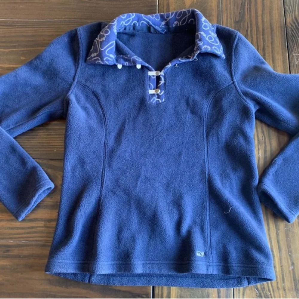 Vineyard Vines Fleece 3 Button Sweater Pullover Collar Navy Blue Medium